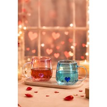 Porsima PBT-707 Dream Love Hearts - 400ML Romantik Kalp Tasarımlı 2'li Renkli Borosilikat Cam Kupa Seti