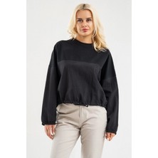 Bold & Young Bold Young Kadın Siyah Pamuk Likralı Sweatshirt – Polyamid Kumaş Detaylı Kordunlu