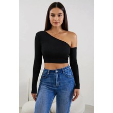 Lux Store Kadın Siyah Tek Omuz Detaylı Uzun Kol Crop Top Bluz – Şık, Rahat Kolay Kombinlenebilir