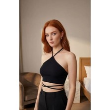Lux Store Kadın Siyah Sırtı Boyundan Çapraz Bağlamalı Crop Top Bluz – Şık, Rahat Kolay Kombinlenebili