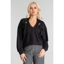 Bold & Young Kadın Modal Cupra Kumaş Kuşgözü Kordonlu Sweatshirt Siyah