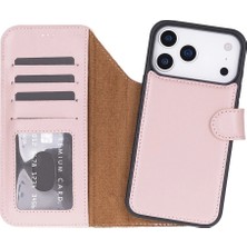 Eco Lounge Apple iPhone 17 Pro Max Için, Hakiki Deri, El Yapımı Cüzdanlı Kılıf, Magsafe ile Uyumlu, Iç Yüzeyi Kadife, Pembe