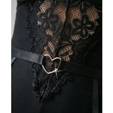 Lux Store Kadın Siyah Dantel Jartiyerli Bodysuit Gecelik - Kemer Detaylı