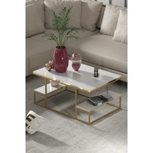 Reyo Falez Deluxe Raflı Orta Sehpa 60X90 cm Modern Dikdörtgen Orta Sehpa Gold Beyaz