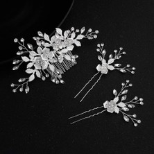 Belirtilmemiş Hapibuy Gümüş Çiçek Saç Tarağı 2 Şeffaf Kristal Saç Iğnesi Saç Çubukları Düğün Saç Tarağı Gelin Saç