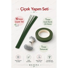 Waxera Çiçek Yapım Seti – 10 Adet Çiçek Teli (30 Cm) + 30 Metre Çiçek Bandı + Gümüş Renk Tomurcuk | Yapay Çiçek Hobi Seti (Şönil)