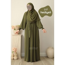 Asilnur Mahi Elbise Şal Hediyeli Takım Yağ Yeşili