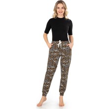 Obje Kadın Leopar Desenli Şardonlu Desenli Bant Paça Pijama Altı