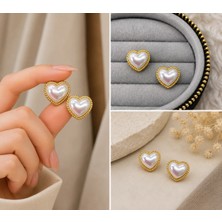 Fm 💎 Premium Parlak Gold Renk İnci Görünümlü Kalp Model Kadın Bijuteri Küpe