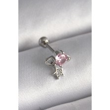 Berselya Underwear & Accessories 316L Çelik Gümüş Renk Pembe Zirkon Taşlı Sallantı Yıldız Detay Tragus Piercing