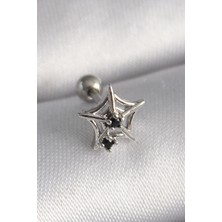 Berselya Underwear & Accessories 316L Çelik Gümüş Renk Siyah Zirkon Taş Detay Örümcek Ağ Model Tragus Piercing