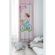 Astraltech Pelangi Pembe Bisiklet Süren Kız Desenli Dijital Baskı Yıkanabilir Bebek Çocuk Odası Fon Perdesi, P