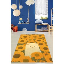 Astraltech Pelangi Ayçiçekleri Arasında Sevimli Kedi Yıkanabilir Kaymaz Taban Leke Tutmaz Çocuk Odası Halısı,