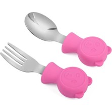 Astraltech Valkyrie 304 Çelik Panda Bebek Kaşık Çatal Setisilikon Saplı Bpa Içermez Ergonomik Kaymaz Fuşya