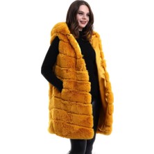 Mrayss  Kapşonlu Peluş Kürk Yelek Premium Kalite, Tam Astarlı, Uzun Model - Sarı