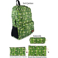 Astraltech 4'lü Set Bambu Panda Desenli Sırt Çantası Kalemlik Makyaj Çantası Büyük Boy Makyaj Çantası