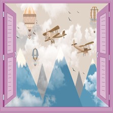 Astraltech Çocuk Odası Bebek Odası Pencere Poster Duvar Kağıdı Uçak Balon