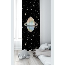 Astraltech Pelangi Siyah Uzay Desenli Dijital Baskı Yıkanabilir Bebek Çocuk Odası Fon Perdesi, Siyah-Sarı 140