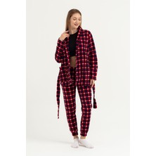 Obje Kadın Lacivert Kırmızı Ekose Desen Bant Paça Polar Pijama Altı