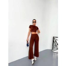Mrayss  Osy Modal Yumuşak Dokulu Kumaş Kısa Kollu Crop Alt Ispanyol Paça Pantalon Ikili Takım - Kahverengi