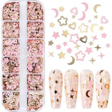 Astraltech Pembe ve Gold Tırnak Süsleme Folyo Pulları Karışık Dizayn Ay Yıldız Kalp Nail Art