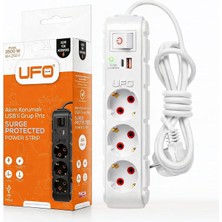 Astraltech Ufo Yeni 3lü Akım Korumalı Grup Priz 2,5 Metre Bakır Kablolu, 5V 2,4A USB ve ile Şarj, Anaht