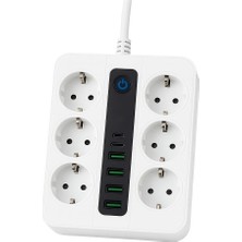 Astraltech 6 Priz + 4 USB Çıkışlı Akıllı Çoklu Priz - Aç/kapa Anahtarlı, Destekli, 3680 Watt, Ev &