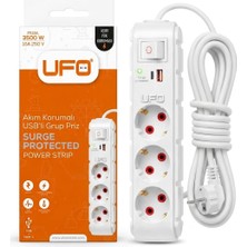 Astraltech Ufo Yeni 3lü Akım Korumalı Grup Priz 5 Metre Bakır Kablolu, 5V 2,4A USB ve ile Şarj, Anahtar