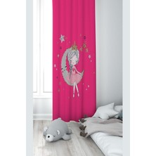 Astraltech Pelangi Pembe Ayda Oturan Kız Desenli Dijital Baskı Yıkanabilir Bebek Çocuk Odası Fon Perdesi, Pemb