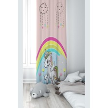 Astraltech Pelangi Pembe Unicorn Desenli Dijital Baskı Yıkanabilir Bebek Çocuk Odası Fon Perdesi, Pudra-Renkli