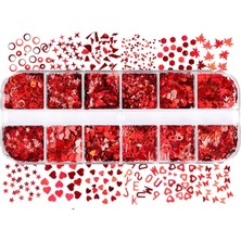 Astraltech Parlak Kırmızı Tırnak Süsleme Folyo Pulları Karışık Dizayn Kelebek Kalp Harfler Yıldızlar Nail Art