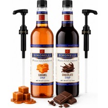 Simonelli Karamel ve Çikolata Aromalı Kahve Şurubu 700 ml 2'li Set - İçecek ve Kokteyl Şurubu (2 Adet Pompa Dahil)