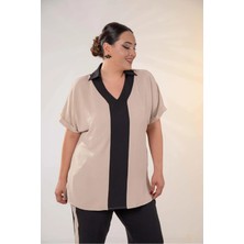 Roxxlen Büyük Beden 333914 Garnili Bluz Bej