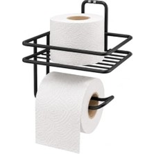Yapışkanlı Siyah Raflı Tuvalet Kağıtlığı, Delmeden Montaj Duvar Tipi Tuvalet Kağıdı Tutucu, Banyo ve Wc Organizer
