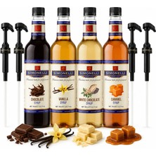 Simonelli Kahve ve Kokteyl Şurubu 700 ml 4'lü Set Karamel+Vanilya+Çikolata+Beyaz Çikolata + 4 Adet Pompa