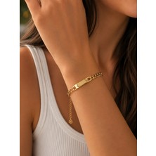 Fm 💎 Premium Parlak Gold Renk Şık Gurmet Model Zincir İsim Plakalı 316L Çelik Kadın Bileklik (22cm)