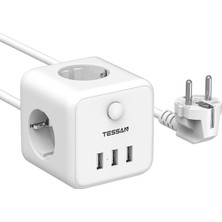 Tessan 6'sı 1 Arada Küp Priz Çoklu Priz 3 Ac Priz + 3 USB Şarj Portlu 1.5m Kablolu Anahtarlı Masaüstü Küp Priz Beyaz
