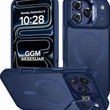& Aksesuar Magsafe ile Uyumlu Kamera Lens Hediyeli Mat Şeffaf Pc Telefon Kılıfı Manyetik Standlı Darbe Emici Mavi iPhone 17 Pro Max