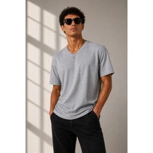 Adisia Erkek V Yaka Basic Tişört Kısa Kol Yazlık Regular Fit T-Shirt - Gri