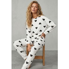 Siyah İnci Beyaz Siyah Kalp Baskılı Örme Pamuklu Pijama TAKIMI7613