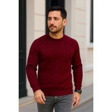 Adisia Erkek Bisiklet Yuvarlak Yaka Triko Kazak Pamuklu Kalın Fitilli Dokuma, Regular Fit Uzun Kollu Kışlık Model - Bordo