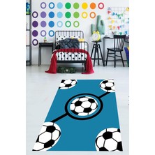 Meks Pelangi Futbol Topu Desenli Yıkanabilir Kaymaz Taban Tutmaz Çocuk Odası Halısı, Mavi-Siya
