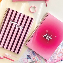 Paperora A5 Spiralli Karton Kapak 2’li Set Düz Çizgisiz Okul Defteri 80 Yaprak, Ders Programlı Pembe Aura