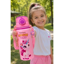 M&B Water Bottle Metal Unicorn Motifli Pipetli Çocuk Matarası - 600 ml Kilitli Kapaklı Askılı Suluk