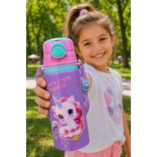M&B Water Bottle Metal Unicorn Motifli Pipetli Çocuk Matarası - 600 ml Kilitli Kapaklı Askılı Suluk
