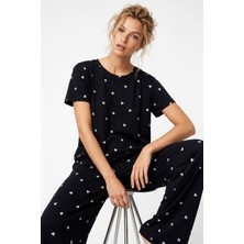Siyah İnci Siyah Beyaz Kalp Desenli Kısa Kollu Pamuklu Pijama Takımı