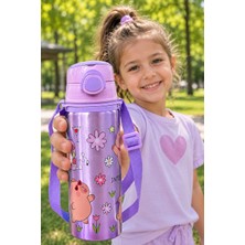 M&B Water Bottle Metal Kapibara Motifli Pipetli Çocuk Matarası - 600 ml Kilitli Kapaklı Askılı Suluk