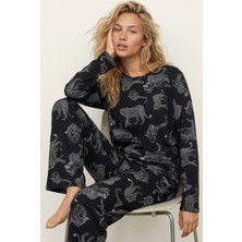 Siyah İnci Siyah Leopar Baskılı Örme Pijama Takım 7613