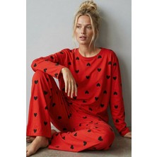 Siyah İnci Narçiçeği Siyah Kalp Baskılı Örme Pamuklu Pijama TAKIMI7613