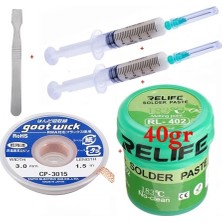 Smnr Relıfe Krem Lehim 183°C,40GR Flux Lehim Toplama CP-3015 Lehim Emme Teli 3,0 mm ve Metal Spatula SETI03